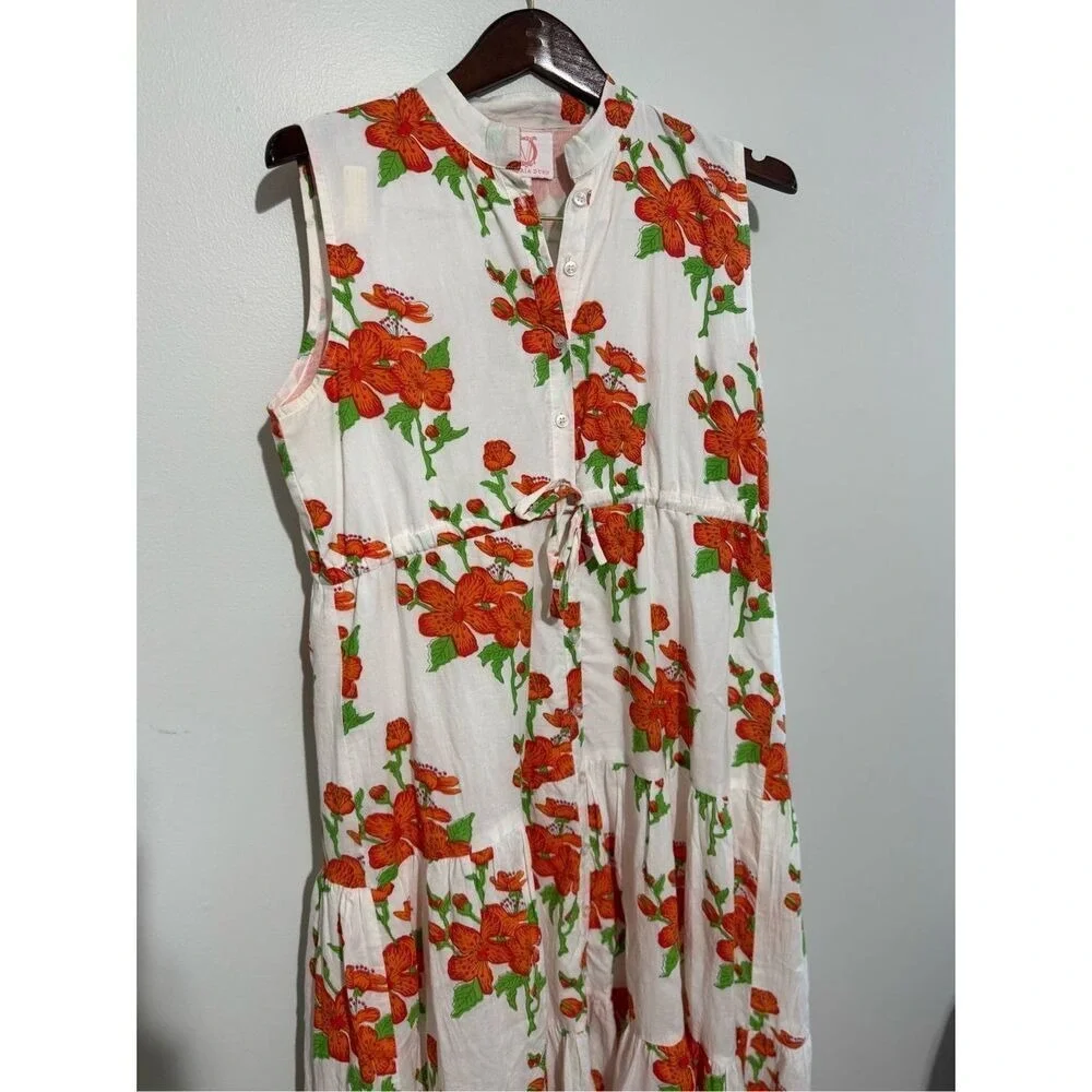 Victoria‎ Dunn White Orange Floral Tiered Maxi Dress Mandarin Collar Medium